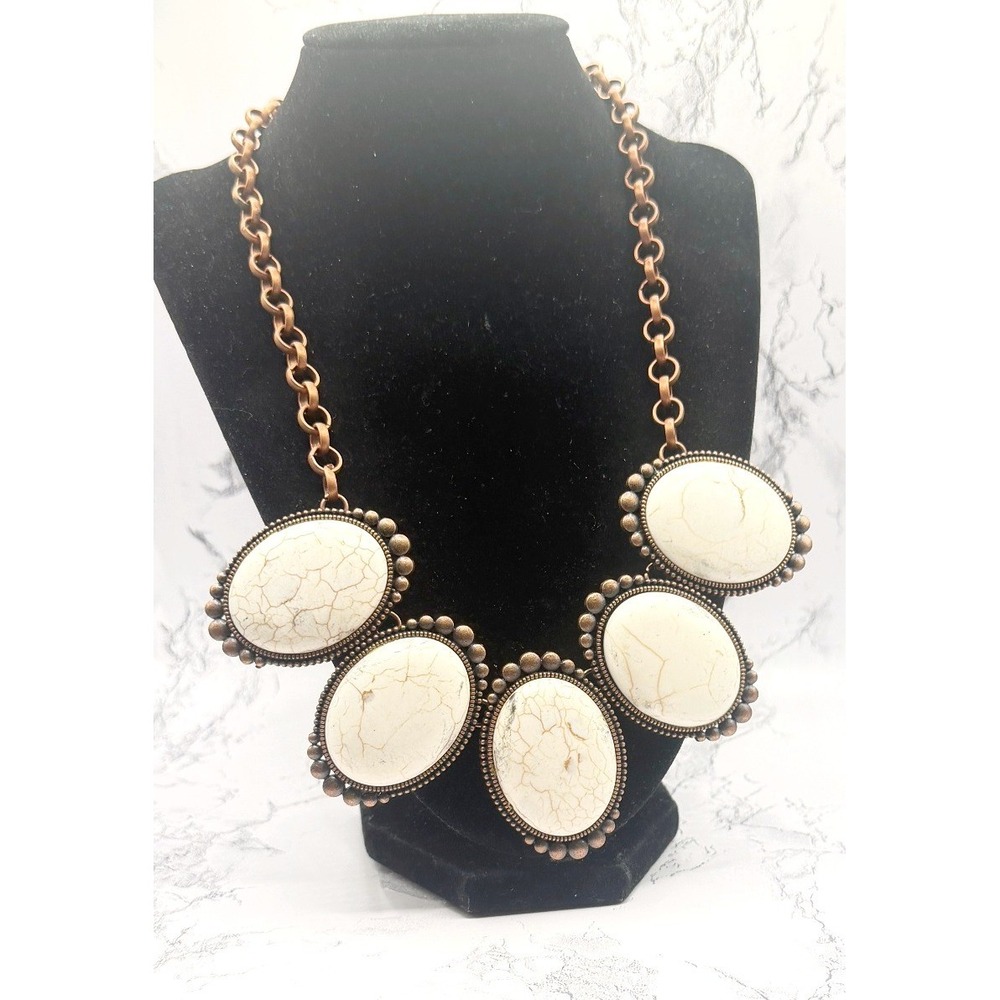 Chunky Natural Stone Statement Necklace Copper‎ Chain Boho Oval Medallion 20"